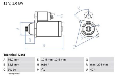 Motorino avviamento bx 12V 1,0kw Audi A1/VW Golf V/VI 1.2TFSI/1.4