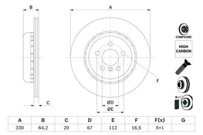 Disco freno posteriore, 330x20 mm, ventilato, in due parti, con viti, rivestito, alto tenore di carbonio