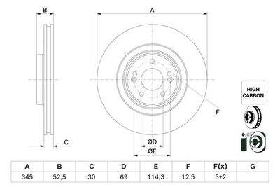 Disco freno, 345x30 mm, ventilato, rivestito, alto tenore di carbonio