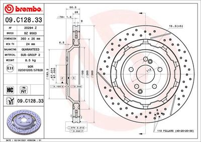 Disco freno, 360x26 mm, ventilato, rivestito, alto tenore di carbonio