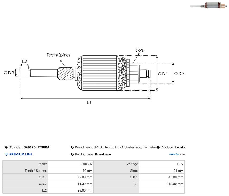 Starter motor armature