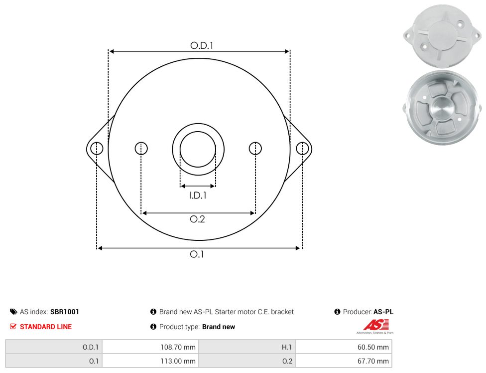 Starter motor commutator-side bracket