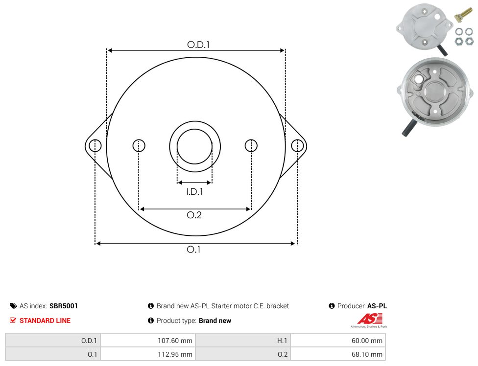 Starter motor commutator-side bracket