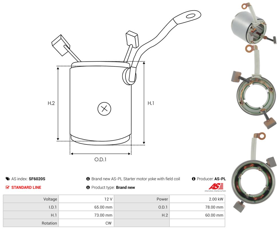 Starter motor housing with field winding