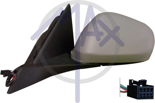 Specchietto retrovisore esterno sinistro, elettrico, calotta da verniciare, vetro asferico blu riscaldato, 5 pin