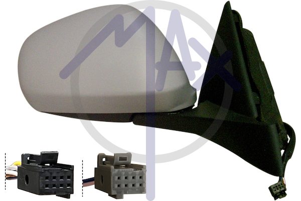 Specchietto retrovisore esterno destro, elettrico, calotta da verniciare, ripiegabile elettricamente, con sensore temperatura, vetro convesso blu riscaldato, 9 pin