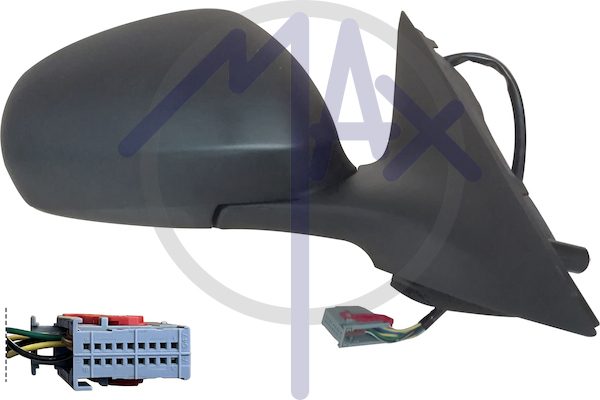 Specchietto retrovisore esterno destro, elettrico, calotta nera, vetro convesso blu riscaldato