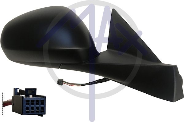 Specchietto retrovisore esterno destro, elettrico, calotta nera, con sensore temperatura, vetro convesso blu riscaldato