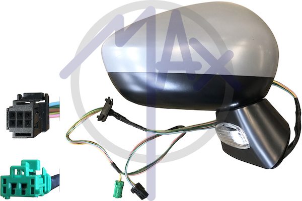 Specchietto retrovisore esterno destro, elettrico, calotta da verniciare, base nera, con freccia, con sensore temperatura, vetro convesso cromato riscaldato