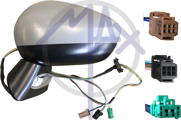 Specchietto retrovisore esterno sinistro, elettrico, calotta da verniciare, base nera, con freccia, ripiegabile elettricamente, vetro convesso cromato riscaldato, 9 pin