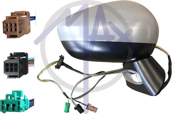 Specchietto retrovisore esterno destro, elettrico, calotta da verniciare, base nera, con freccia, ripiegabile elettricamente, vetro convesso cromato riscaldato, 9 pin