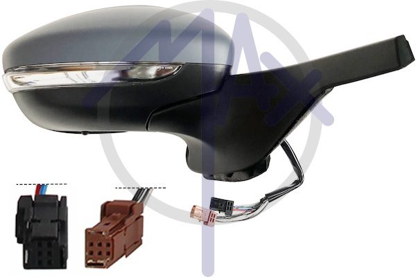 Specchietto retrovisore esterno destro, elettrico, calotta da verniciare, con freccia, con sensore temperatura, vetro convesso cromato riscaldato, 9 pin