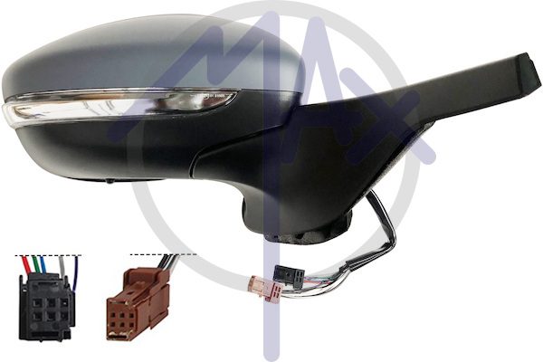 Specchietto retrovisore esterno destro, elettrico, calotta da verniciare, con freccia, con sensore temperatura, con sistema BLIS (angolo cieco), vetro convesso cromato riscaldato, 11 pin