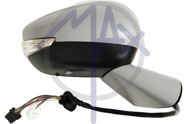 Specchietto retrovisore esterno destro, elettrico, calotta da verniciare, con freccia, con luce di cortesia, ripiegabile elettricamente, con sensore temperatura, vetro convesso cromato riscaldato, 12 pin