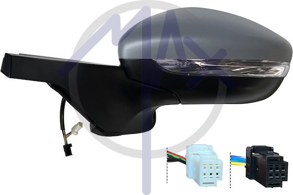 Specchietto retrovisore esterno sinistro, elettrico, calotta da verniciare, con freccia, ripiegabile elettricamente, con sistema BLIS (angolo cieco), vetro convesso cromato riscaldato, 6+4 pin