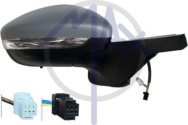 Specchietto retrovisore esterno destro, elettrico, calotta da verniciare, con freccia, ripiegabile elettricamente, con sensore temperatura, con sistema BLIS (angolo cieco), vetro convesso cromato riscaldato, 6+6 pin