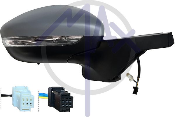 Specchietto retrovisore esterno destro, elettrico, calotta da verniciare, con freccia, con sensore temperatura, vetro convesso cromato riscaldato, 6+2 pin