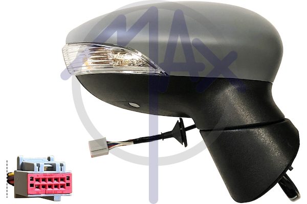 Specchietto retrovisore esterno destro, elettrico, calotta da verniciare, con freccia, con luce di cortesia, vetro asferico cromato riscaldato, 8 pin