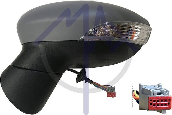 Specchietto retrovisore esterno sinistro, elettrico, calotta da verniciare, con freccia, ripiegabile elettricamente, vetro asferico cromato riscaldato, 8 pin