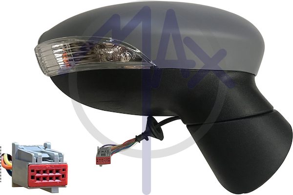 Specchietto retrovisore esterno destro, elettrico, calotta da verniciare, con freccia, ripiegabile elettricamente, vetro asferico cromato riscaldato, 8 pin