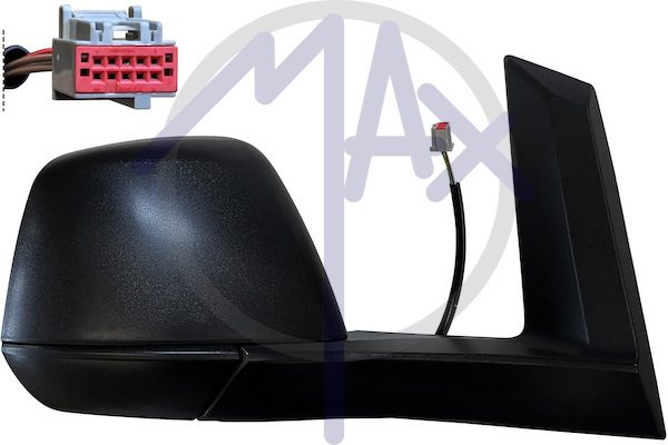 Specchietto retrovisore esterno destro, elettrico, calotta nera, ripiegabile elettricamente, vetro convesso cromato riscaldato, doppio vetro, 7 pin