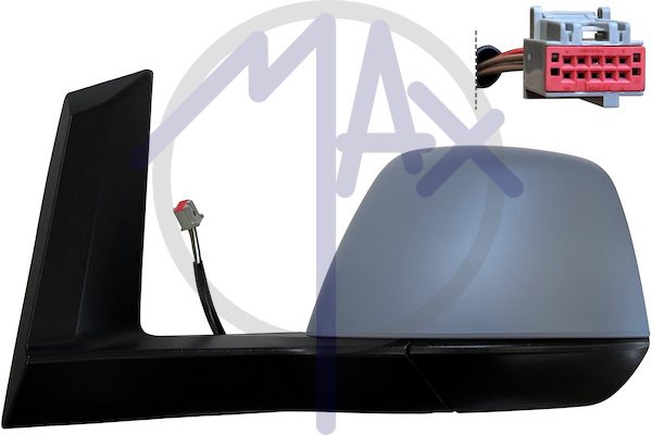 Specchietto retrovisore esterno sinistro, elettrico, calotta da verniciare, ripiegabile elettricamente, vetro convesso cromato riscaldato, doppio vetro, 7 pin