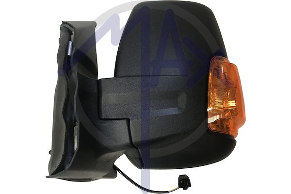 Specchietto retrovisore esterno sinistro, regolazione a cavi, calotta nera, con freccia ambrata 16W, vetro convesso cromato, doppio vetro, braccio corto