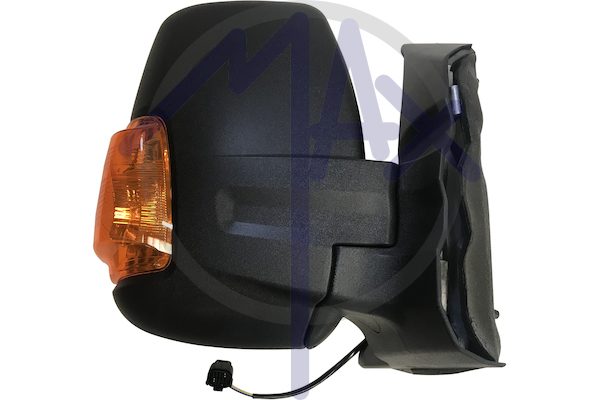 Specchietto retrovisore esterno destro, regolazione a cavi, calotta nera, con freccia ambrata 16W, vetro convesso cromato, doppio vetro, braccio corto