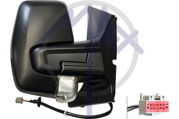 Specchietto retrovisore esterno destro, regolazione a cavi, calotta nera, con freccia, vetro convesso cromato, doppio vetro, 2 pin