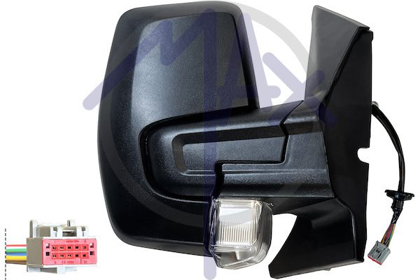 Specchietto retrovisore esterno destro, elettrico, calotta nera, con freccia, ripiegabile elettricamente, vetro convesso cromato riscaldato, doppio vetro