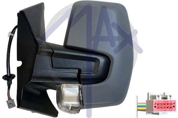 Specchietto retrovisore esterno sinistro, elettrico, calotta da verniciare, con freccia, ripiegabile elettricamente, con sistema BLIS (angolo cieco), vetro convesso cromato riscaldato, doppio vetro