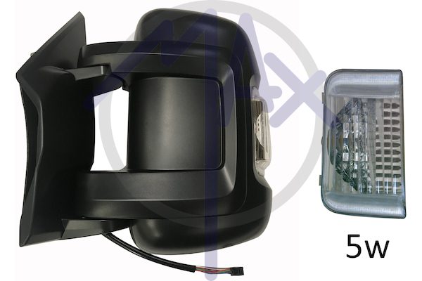 Specchietto retrovisore esterno sinistro, elettrico, calotta nera, con freccia bianca 5W, vetro convesso cromato riscaldato, doppio vetro, braccio corto