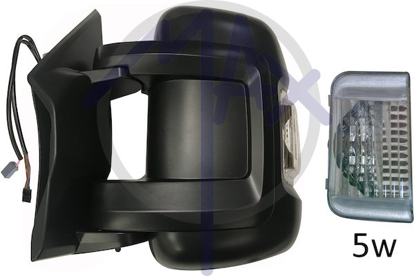 Specchietto retrovisore esterno sinistro, elettrico, calotta nera, con freccia bianca 5W, con sensore temperatura, vetro convesso cromato riscaldato, doppio vetro, braccio corto