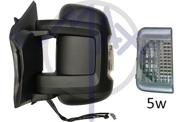 Specchietto retrovisore esterno sinistro, elettrico, calotta nera, con freccia bianca 5W, ripiegabile elettricamente, vetro convesso cromato riscaldato, doppio vetro, braccio corto, 10 pin