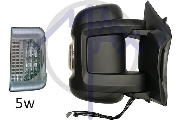 Specchietto retrovisore esterno destro, elettrico, calotta nera, con freccia bianca 5W, ripiegabile elettricamente, vetro convesso cromato riscaldato, doppio vetro, braccio corto, 10 pin
