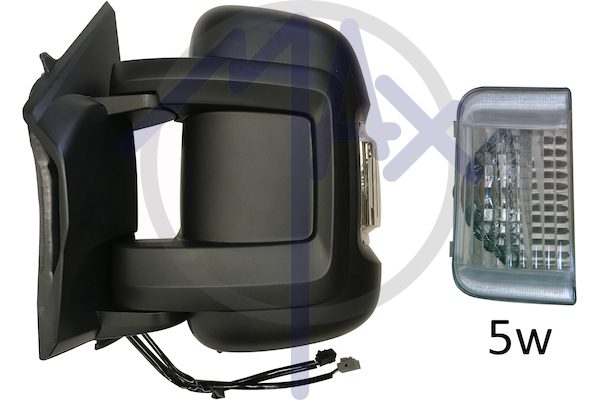 Specchietto retrovisore esterno sinistro, elettrico, calotta nera, con freccia bianca 5W, ripiegabile elettricamente, con sensore temperatura, vetro convesso cromato riscaldato, doppio vetro, braccio corto, 12 pin