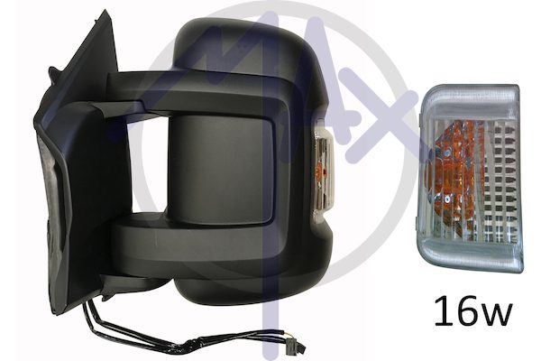 Specchietto retrovisore esterno sinistro, elettrico, calotta nera, con freccia ambrata 16W, ripiegabile elettricamente, vetro convesso cromato riscaldato, doppio vetro, braccio corto, 10 pin