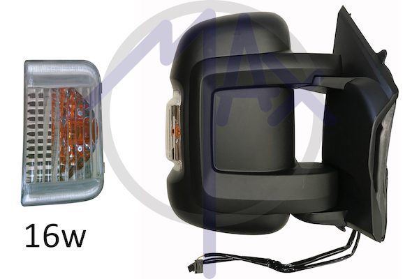 Specchietto retrovisore esterno destro, elettrico, calotta nera, con freccia ambrata 16W, ripiegabile elettricamente, vetro convesso cromato riscaldato, doppio vetro, braccio corto, 10 pin