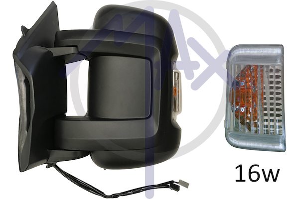 Specchietto retrovisore esterno sinistro, elettrico, calotta nera, con freccia ambrata 16W, ripiegabile elettricamente, con sensore temperatura, vetro convesso cromato riscaldato, doppio vetro, braccio corto, 12 pin