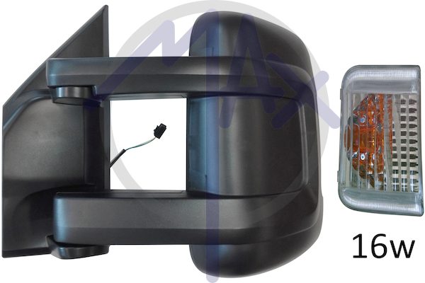 Specchietto retrovisore esterno sinistro, regolazione a cavi, calotta nera, con freccia ambrata 16W, vetro convesso cromato, doppio vetro, braccio lungo