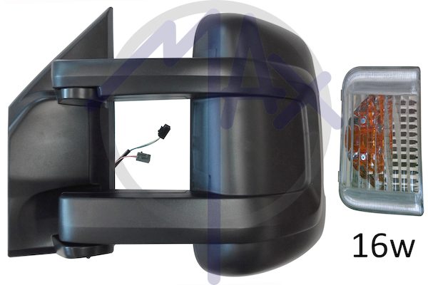 Specchietto retrovisore esterno sinistro, regolazione a cavi, calotta nera, con freccia ambrata 16W, con sensore temperatura, vetro convesso cromato, doppio vetro, braccio lungo