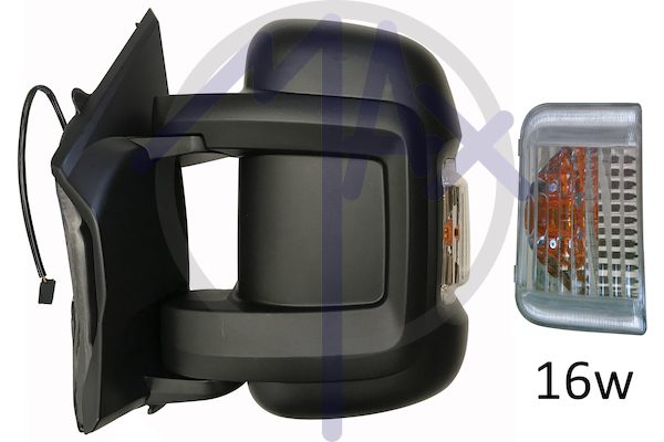 Specchietto retrovisore esterno sinistro, regolazione a cavi, calotta nera, con freccia ambrata 16W, vetro convesso cromato, doppio vetro, braccio corto
