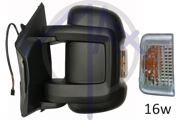 Specchietto retrovisore esterno sinistro, elettrico, calotta nera, con freccia ambrata 16W, vetro convesso cromato riscaldato, doppio vetro, braccio corto