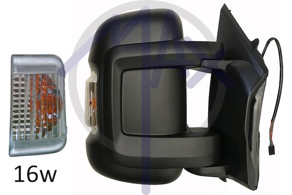 Specchietto retrovisore esterno destro, elettrico, calotta nera, con freccia ambrata 16W, vetro convesso cromato riscaldato, doppio vetro, braccio corto