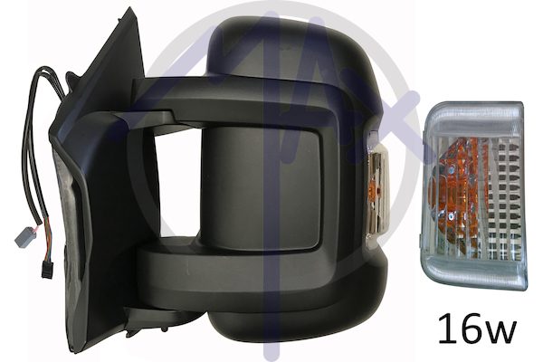 Specchietto retrovisore esterno sinistro, elettrico, calotta nera, con freccia ambrata 16W, con sensore temperatura, vetro convesso cromato riscaldato, doppio vetro, braccio corto