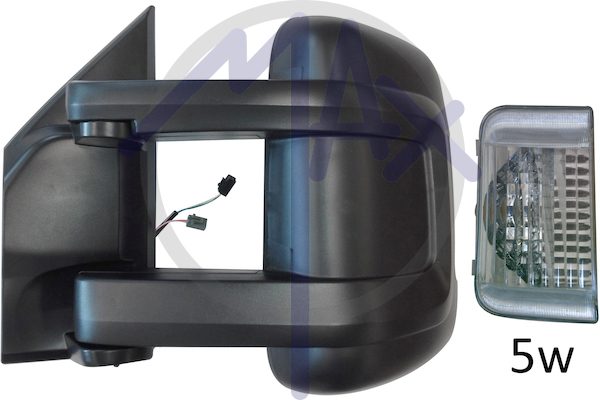 Specchietto retrovisore esterno sinistro, regolazione a cavi, calotta nera, con freccia bianca 5W, con sensore temperatura, vetro convesso cromato, doppio vetro, braccio lungo