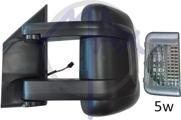 Specchietto retrovisore esterno sinistro, elettrico, calotta nera, con freccia bianca 5W, vetro convesso cromato riscaldato, doppio vetro, braccio lungo