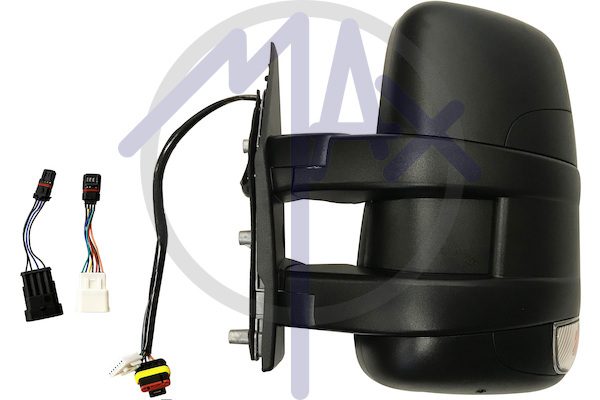 Specchietto retrovisore esterno sinistro, elettrico, calotta nera, con freccia 16W, con sensore temperatura, vetro convesso cromato riscaldato, doppio vetro, braccio corto