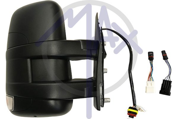 Specchietto retrovisore esterno destro, elettrico, calotta nera, con freccia 16W, vetro convesso cromato riscaldato, doppio vetro, braccio corto