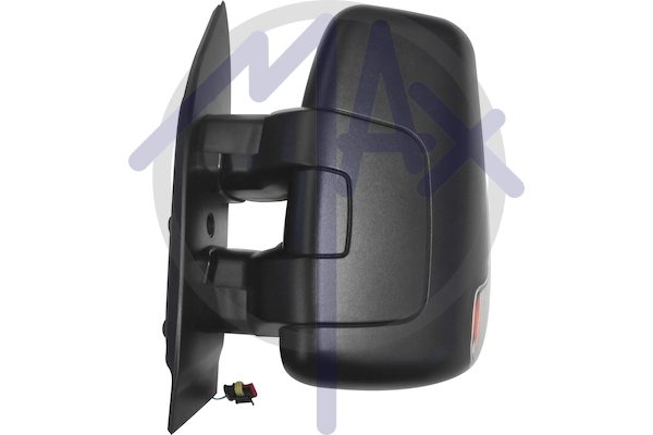 Specchietto retrovisore esterno sinistro, regolazione a cavi, calotta nera, con freccia 16W, vetro convesso cromato, doppio vetro, braccio corto, 2 pin